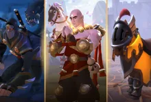 Three Albion Online vanity characters and mounts appear in a triptych, including a dark assassin, a robed fighter, and an armored pony.