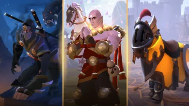 Three Albion Online vanity characters and mounts appear in a triptych, including a dark assassin, a robed fighter, and an armored pony.
