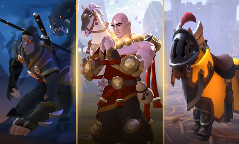 Three Albion Online vanity characters and mounts appear in a triptych, including a dark assassin, a robed fighter, and an armored pony.