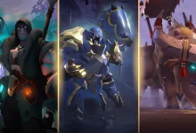 Triptych of a dark hooded character, an armored character, and a large pale beast with glowing blue eyes.