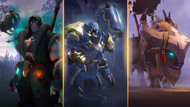 Triptych of a dark hooded character, an armored character, and a large pale beast with glowing blue eyes.