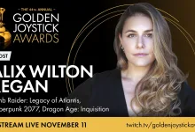 Portrait of Alix Wilton Regan beside Golden Joystick Awards branding and a November 11 livestream announcement.