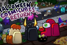 Among Us crewmates in Halloween costumes gather on a decorated map beneath promotional text announcing the return of Halloween Cosmicubes.
