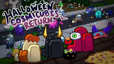 Among Us crewmates in Halloween costumes gather on a decorated map beneath promotional text announcing the return of Halloween Cosmicubes.