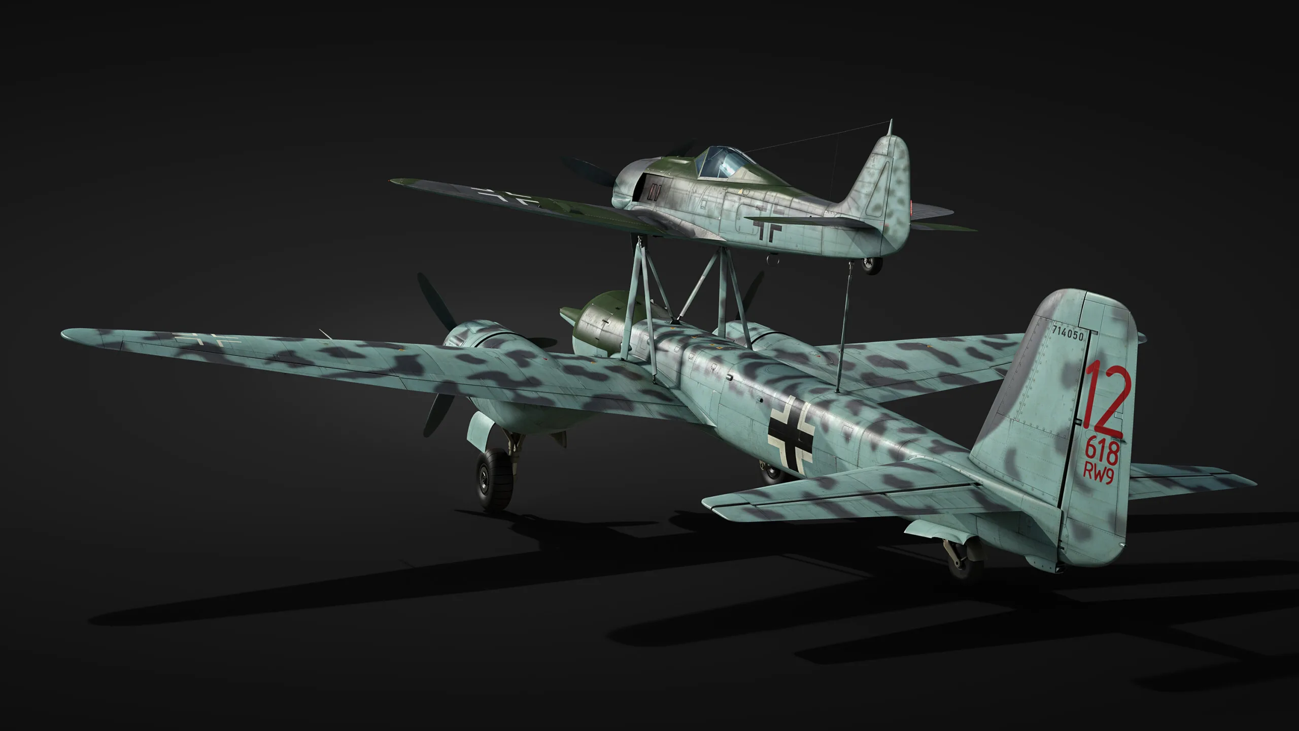 An Fw 190 mounted above a Ju 88 in the Mistel 2 configuration