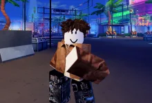 A blocky Anime Zero character stands in a neon-lit plaza at night.