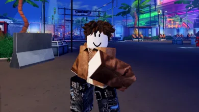 A blocky Anime Zero character stands in a neon-lit plaza at night.