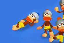 Four helmeted Ape Escape monkeys in yellow shorts pose against a blue background.