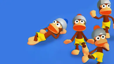 Four helmeted Ape Escape monkeys in yellow shorts pose against a blue background.