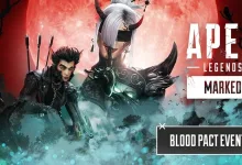 Three Apex Legends characters appear beneath a red moon beside the Blood Pact event title.