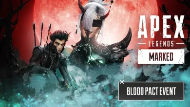 Three Apex Legends characters appear beneath a red moon beside the Blood Pact event title.
