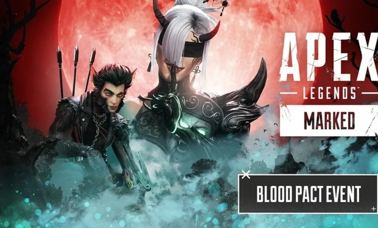 Three Apex Legends characters appear beneath a red moon beside the Blood Pact event title.
