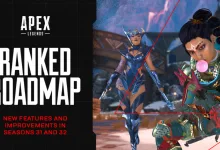 Apex Legends Ranked Roadmap graphic beside artwork of two Legends, announcing new features and improvements for Seasons 31 and 32.