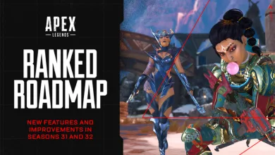 Apex Legends Ranked Roadmap graphic beside artwork of two Legends, announcing new features and improvements for Seasons 31 and 32.