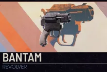 The Bantam revolver displayed against a stylized graphic background.