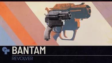 The Bantam revolver displayed against a stylized graphic background.