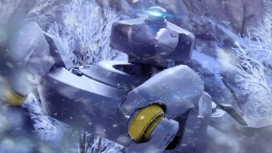 A large armored ARC machine with a glowing blue light stands among snow-covered branches.