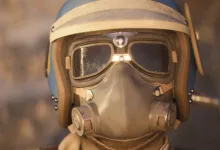 Close-up of an ARC Raiders character wearing a helmet, goggles, and respirator.