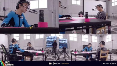 Motion-capture performers wearing sensor suits act in a studio for ARC Raiders.