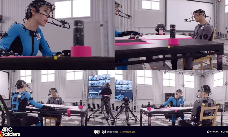Motion-capture performers wearing sensor suits act in a studio for ARC Raiders.