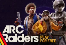 Three ARC Raiders characters pose with weapons beside the Play for Free promotion.