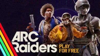 Three ARC Raiders characters pose with weapons beside the Play for Free promotion.