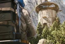 A Raider looks toward a circular outpost tower built against a rocky cliff in ARC Raiders.