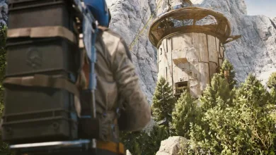 A Raider looks toward a circular outpost tower built against a rocky cliff in ARC Raiders.