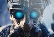 Close-up of an ARC Raiders character wearing a skull-like helmet with glowing blue lenses.