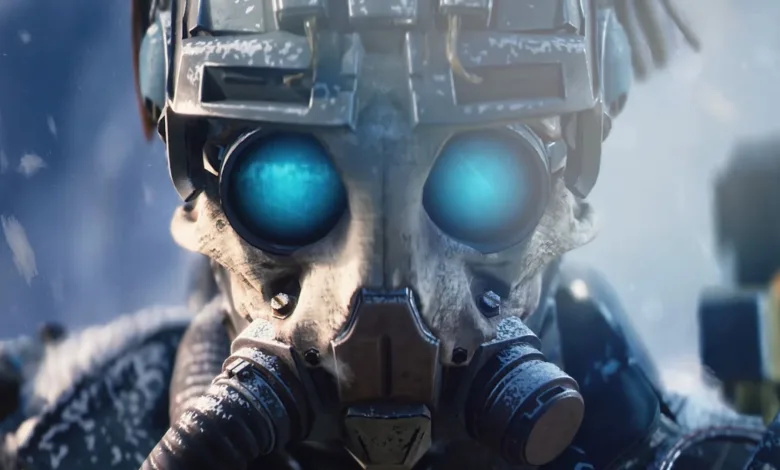 Close-up of an ARC Raiders character wearing a skull-like helmet with glowing blue lenses.