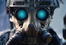 Close-up of an ARC Raiders character wearing a weathered helmet with glowing blue lenses.