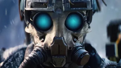 Close-up of an ARC Raiders character wearing a weathered helmet with glowing blue lenses.