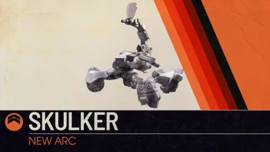 A compact gray Skulker machine appears against cream and orange panels above a dark title band.