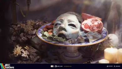 A pale mask, pomegranate, and other offerings arranged on a decorated altar with candles in ARC Raiders.