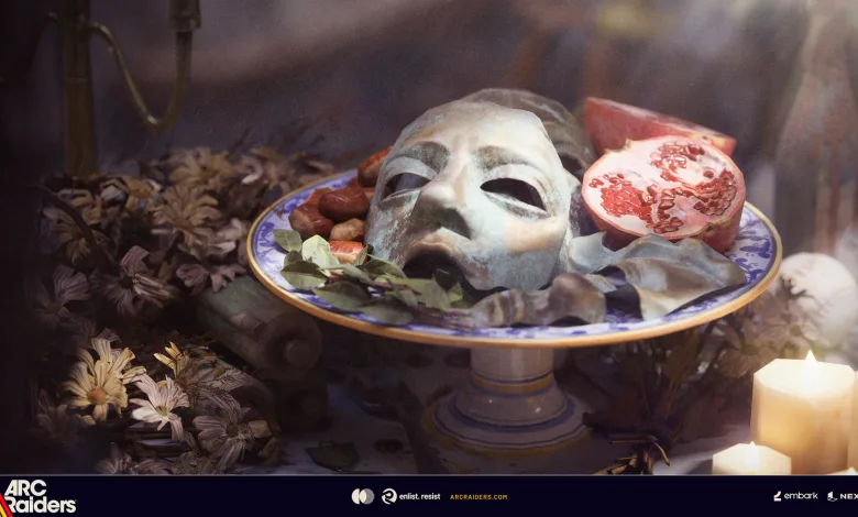A pale mask, pomegranate, and other offerings arranged on a decorated altar with candles in ARC Raiders.