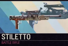 The Stiletto battle rifle displayed against a blue-and-cream graphic background.
