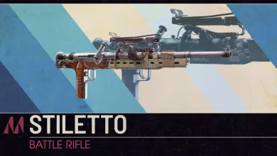 The Stiletto battle rifle displayed against a blue-and-cream graphic background.