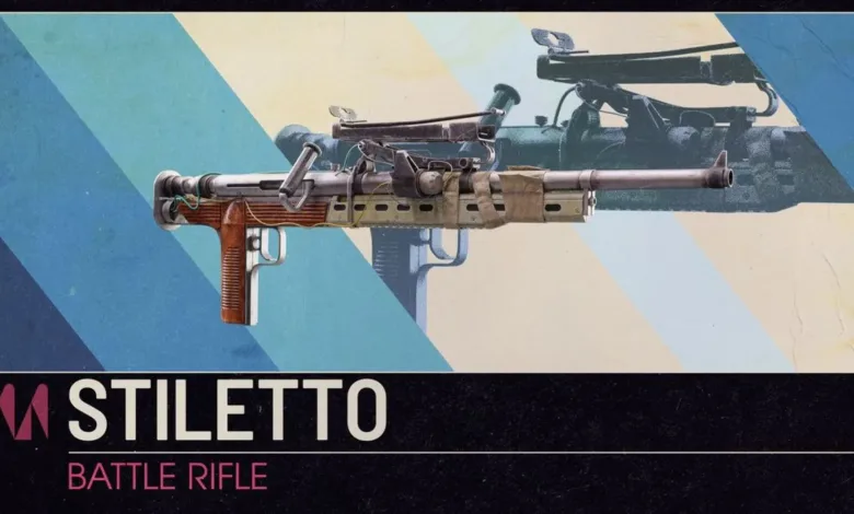 The Stiletto battle rifle displayed against a blue-and-cream graphic background.