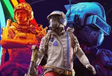 Three futuristic characters in orange, white, and blue armor against a colorful sci-fi backdrop.