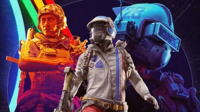 Three futuristic characters in orange, white, and blue armor against a colorful sci-fi backdrop.