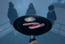 A frying pan with an egg and strips of bacon, held before three bundled figures in a snowy setting in Arctic Eggs.