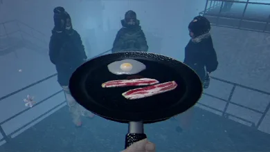 A frying pan with an egg and strips of bacon, held before three bundled figures in a snowy setting in Arctic Eggs.