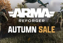 Two Arma Reforger soldiers stand in autumn woods beneath a military aircraft, with the Arma Reforger logo and Autumn Sale text.