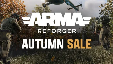 Two Arma Reforger soldiers stand in autumn woods beneath a military aircraft, with the Arma Reforger logo and Autumn Sale text.