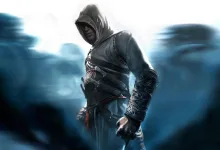 A hooded assassin in white robes stands against a blurred blue background.