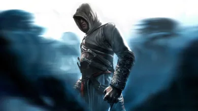 A hooded assassin in white robes stands against a blurred blue background.