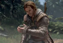Edward Kenway examines a small artifact in a forest in Assassin's Creed Black Flag Resynced.