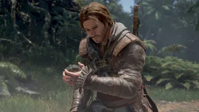 Edward Kenway examines a small artifact in a forest in Assassin's Creed Black Flag Resynced.