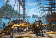 A crew stands aboard a gold-trimmed pirate ship in tropical waters, with another ship nearby.