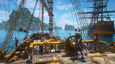 A crew stands aboard a gold-trimmed pirate ship in tropical waters, with another ship nearby.